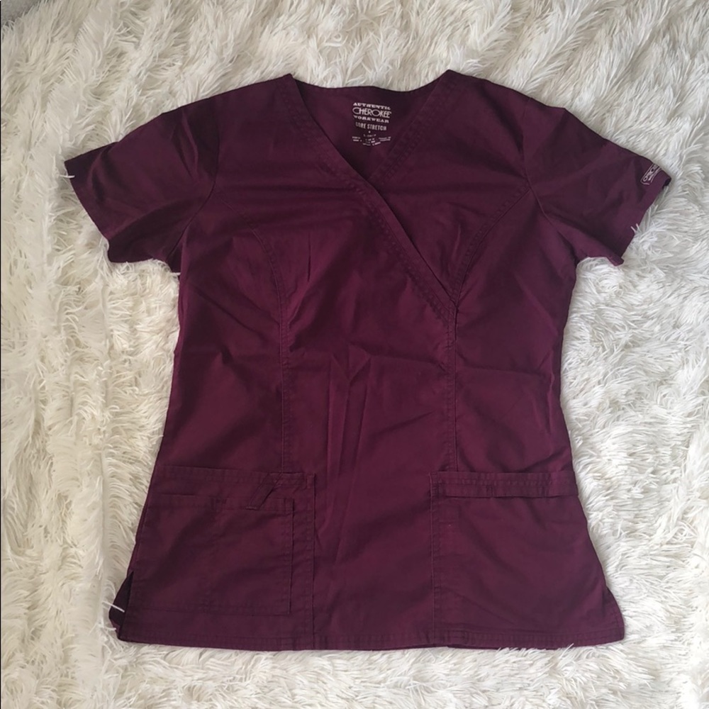 Cherokee burgundy core stretch scrub top (s)
